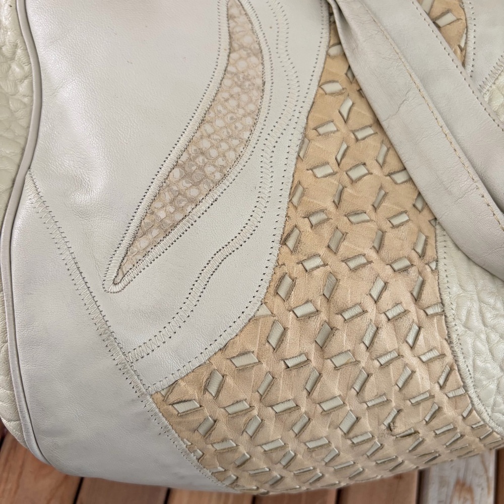 Vintage Sharif Patchwork Leather Textured Boho Slouchy Shoulder Bag w Zip Pocket - Picture 9 of 12